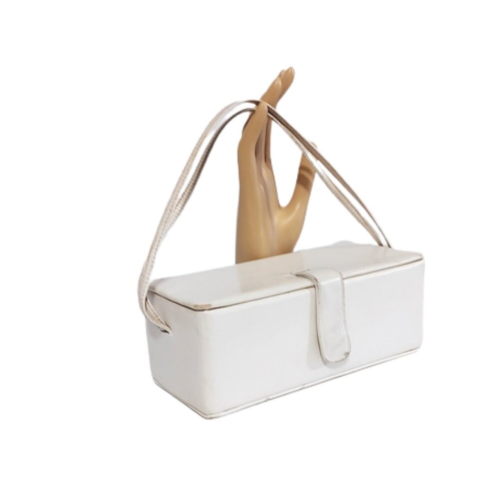 1950s True Vintage White Leather Box Handbag Purse With 2 Top Handles MCM